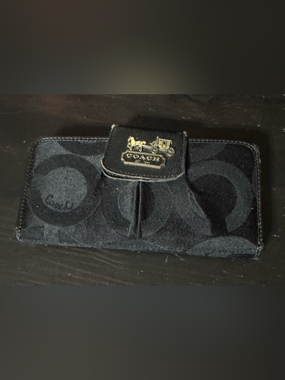 Coach Black Signature Jacquard Checkbook Wallet Organizer Snap Closure